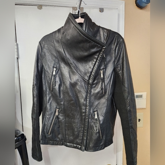 Michael Kors Leather Moto Jacket Womens L Black Knit Wing Collar Biker Coat. - Picture 3 of 9